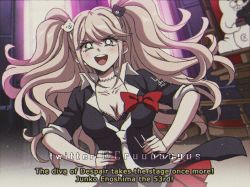 Rule 34 | 1990s (style), 1girl, :d, bear hair ornament, black shirt, blonde hair, blue eyes, bow, breasts, cleavage, criis-chan, danganronpa: trigger happy havoc, danganronpa (series), english text, enoshima junko, hair ornament, hands on own hips, indoors, large breasts, long hair, looking at viewer, monokuma, nail polish, necktie, open mouth, red bow, retro artstyle, shirt, skirt, smile, spoilers, subtitled, twintails, watermark
