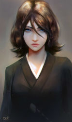 Rule 34 | 1girl, arms at sides, artist name, black kimono, bleach, blue eyes, breasts, brown hair, closed mouth, commentary, english commentary, flipped hair, grey background, hair between eyes, highres, japanese clothes, kimono, kuchiki rukia, lips, looking at viewer, nose, parted bangs, parted hair, pink lips, razaras, realistic, short hair, signature, simple background, small breasts, solo, upper body