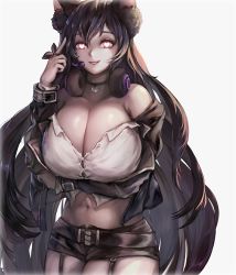 Rule 34 | 1girl, animal ears, bak bak, black hair, blush, breast hold, breasts, character request, cleavage, commission, cowboy shot, elsword, hair between eyes, headphones, headphones around neck, heart, heart-shaped pupils, heart necklace, highres, huge breasts, jacket, long hair, looking at viewer, navel, necklace, off shoulder, open clothes, open jacket, parted lips, red eyes, short shorts, shorts, smile, solo, symbol-shaped pupils, undersized clothes, very long hair