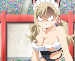 Rule 34 | 1girl, angry, animal ears, anime screenshot, blonde hair, breasts, cat ears, cleavage, eden&#039;s zero, highres, large breasts, maid, maid headdress, rebecca bluegarden, stitched, third-party edit, torn clothes, twintails, wardrobe malfunction