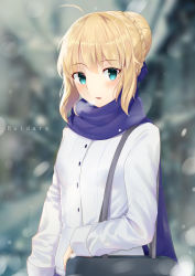 Rule 34 | 1girl, ahoge, arm at side, arm rest, artist name, artoria pendragon (all), artoria pendragon (fate), bag, blonde hair, blue ribbon, blue scarf, blurry, blurry background, blush, breath, coat, depth of field, fate/stay night, fate (series), green eyes, hair bun, hair ribbon, highres, huidare, long sleeves, looking at viewer, motion blur, official alternate costume, outdoors, parted lips, ribbon, saber (fate), scarf, shoulder bag, sidelocks, single hair bun, sleeves past wrists, snowing, solo, tareme, upper body, white coat, winter clothes, winter coat