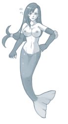 Rule 34 | 1990s (style), 1girl, breasts, completely nude, earrings, elbow gloves, elbow pads, final fantasy, final fantasy vii, fingerless gloves, fins, fish tail, gloves, groin, hand on own hip, jewelry, large breasts, long hair, low-tied long hair, mermaid, minerva (artist), monochrome, monster girl, nipples, nude, retro artstyle, smile, solo, tail, tifa lockhart