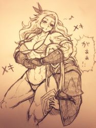 Rule 34 | 1boy, 1girl, abs, amazon (dragon&#039;s crown), armlet, armor, bikini armor, blush, dragon&#039;s crown, feather hair ornament, feathers, gloves, feather hair, headlock, hoshitetsu ringo, long hair, muscular, muscular female, size difference, tattoo, whistling, wizard (dragon&#039;s crown)