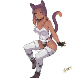 Rule 34 | 1girl, 2016, altera moontail, animal ears, ankle boots, warrior of light (ff14), bare shoulders, belt, boots, breasts, brown eyes, brown hair, cat ears, cat tail, cleavage, cosplay, dark-skinned female, dark skin, dated, faustsketcher, final fantasy, final fantasy xiv, fingerless gloves, full body, ghost in the shell, ghost in the shell stand alone complex, gloves, gradient hair, heterochromia, highres, invisible chair, kusanagi motoko, kusanagi motoko (cosplay), leotard, licking lips, long hair, medium breasts, miqo&#039;te, multicolored hair, original, purple eyes, purple hair, sitting, solo, tail, thighhighs, tongue, tongue out, white background