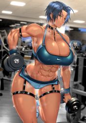 Rule 34 | 1girl, abs, absurdres, ahoge, anima (togashi), biceps, blue eyes, blue hair, bra, breasts, ceiling light, choker, covered erect nipples, dark-skinned female, dark skin, dumbbell, exercising, gym, highres, large breasts, lights, lips, mole, mole on breast, muscular, muscular female, nike (company), original, shoes, short hair, sneakers, solo, sports bra, sportswear, steam, steaming body, sweat, sweatdrop, thick thighs, thigh strap, thighs, treadmill, underwear, weightlifting
