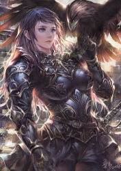 Rule 34 | 1girl, animal, arm at side, armor, artist name, backlighting, belt, belt buckle, bird, bird request, black armor, blue eyes, blurry, bokeh, breastplate, buckle, closed mouth, commentary request, dated, day, depth of field, fantasy, gauntlets, knight, lips, long hair, original, outdoors, scabbard, sheath, sheathed, shoulder armor, signature, solo, sword, weapon, wuduo