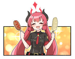 Rule 34 | 1girl, :d, belt, blue archive, blush, closed eyes, collared shirt, corn dog, facing viewer, fang, food, hands up, holding, holding food, horns, junko (blue archive), junsuina fujunbutsu, ketchup, long hair, necktie, open mouth, pink hair, shirt, short sleeves, smile, solo, sparkle, twintails, upper body, very long hair