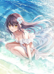Rule 34 | 1girl, aqua nails, ass, bare legs, bare shoulders, barefoot, bikini, blush, breasts, brown eyes, brown hair, cleavage, collarbone, commentary request, day, floating hair, flower, frilled bikini, frills, hair between eyes, hair flower, hair ornament, hand on own thigh, highres, horizon, jewelry, long hair, looking at viewer, medium breasts, nail polish, necklace, ocean, off-shoulder bikini, off shoulder, open mouth, original, outdoors, partially submerged, sidelocks, smile, solo, squatting, swimsuit, tanihara natsuki, twitter username, very long hair, water, waves, wet, white bikini