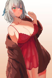 Rule 34 | 1girl, absurdres, bare shoulders, blush, breasts, chemise, cleavage, green eyes, highres, hololive, jacket, large breasts, mole, mole on breast, off shoulder, panties, red panties, roco (rocoroco1115), shirogane noel, short hair, silver hair, solo, underwear, virtual youtuber