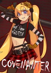 Rule 34 | 1girl, belt, black belt, black gloves, black ribbon, black shirt, black thighhighs, blonde hair, brown gloves, character name, clothes writing, commentary request, contrapposto, covenanter (kehotank), covenanter (tank) (personification), crop top, earrings, elbow gloves, english text, garter straps, gloves, grin, gun, hair ribbon, headgear, holding, holding gun, holding weapon, jewelry, long hair, looking at viewer, microskirt, original, over shoulder, personification, plaid, plaid skirt, pleated skirt, print shirt, red skirt, ribbon, shirt, short sleeves, skirt, smile, solo, soumu (kehotank), standing, striped clothes, striped gloves, suspenders, thighhighs, twintails, very long hair, weapon, weapon request