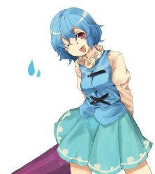 Rule 34 | 1girl, blue hair, breasts, closed umbrella, holding, holding behind back, holding umbrella, image sample, leaning, long sleeves, one eye closed, red eyes, simple background, skirt, small breasts, smile, solo, tatara kogasa, tongue, tongue out, touhou, umbrella, vest, water drop, white background, yunuki uta