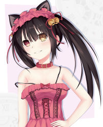 Rule 34 | 1girl, animal ears, bare shoulders, bell, black hair, breasts, cat ears, clock eyes, collar, date a live, grin, hairband, hand on own hip, head tilt, heterochromia, highres, lolita fashion, lolita hairband, looking at viewer, medium breasts, red eyes, smile, solo, strap slip, symbol-shaped pupils, tokisaki kurumi, twintails, yellow eyes