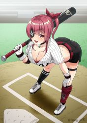 Rule 34 | 1girl, absurdres, arrow through heart, ass, baseball base, baseball bat, baseball uniform, bent over, breasts, butt crack, cleavage, eyepatch, gloves, hand on knee, highres, hololive, houshou marine, looking at viewer, mungo biko, open mouth, ponytail, red eyes, red hair, shoes, short shorts, shorts, socks, solo, sportswear, thigh strap, virtual youtuber