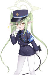Rule 34 | armband, blue archive, book, dangle earrings, earrings, green hair, green halo, halo, nozomi (blue archive), highres, jewelry, laughing, leggings, looking at viewer, nozomi (blue archive), pointy ears, short shorts, shorts, smug, train conductor, uniform, whistle, white background, wrightia, yellow eyes