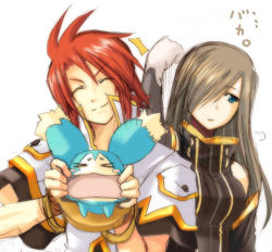 Rule 34 | &gt; &lt;, 00s, 1boy, 1girl, blue eyes, brown hair, closed eyes, gloves, hair over one eye, long hair, lowres, luke fon fabre, mieu (tales), mouth pull, red hair, smile, tales of (series), tales of the abyss, tear grants