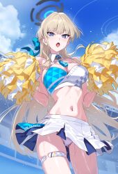 Rule 34 | 1girl, :o, absurdres, bare arms, bare shoulders, blonde hair, blue archive, blue sky, breasts, character name, cleavage, cloud, day, detached collar, flying sweatdrops, halo, hidis0086, highres, holding, holding pom poms, long hair, looking at viewer, medium breasts, millennium cheerleader outfit (blue archive), miniskirt, navel, open mouth, outdoors, panties, pantyshot, pom pom (cheerleading), pom poms, skirt, sky, solo, stomach, sweat, thigh strap, thighs, toki (blue archive), underwear, very long hair, very sweaty, white panties