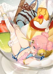 Rule 34 | 1girl, bandaged leg, bandages, bikini, blue bikini, blue eyes, detached sleeves, double bun, fate/grand order, fate (series), food, food focus, frankenstein&#039;s monster (fate), frankenstein&#039;s monster (swimsuit saber) (fate), frankenstein&#039;s monster (swimsuit saber) (second ascension) (fate), from above, hair bun, hair ornament, hairclip, halterneck, horns, ice cream, in food, looking to the side, mini person, minigirl, oversized object, pink hair, samurai10932, short hair, side-tie bikini bottom, single detached sleeve, single horn, sitting, solo, spoon, swimsuit, wafer stick