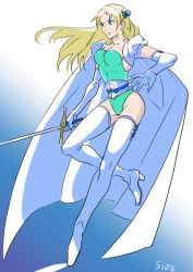 Rule 34 | 1girl, blonde hair, blue eyes, boots, breasts, cape, celes chere, cleavage, commentary request, final fantasy, final fantasy vi, green leotard, high heel boots, high heels, highleg, highleg leotard, leotard, long hair, sio2 (nisankakeiso), solo, sword, thigh boots, thighhighs, weapon