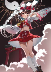 Rule 34 | 1girl, absurdres, arm up, commentary request, dark background, detached sleeves, flat chest, foot out of frame, from below, gradient background, hakurei reimu, highres, long sleeves, midriff, navel, outstretched arm, red skirt, red vest, sarashi, simple background, skirt, skirt set, smoke, solo, teruteru (teru teru), torii, touhou, unfinished dream of all living ghost, vest, wide sleeves