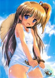 Rule 34 | 1girl, blue eyes, blush, brown hair, clothes lift, clothes pull, crab, crustacean, day, flat chest, hat, highres, komatsu eiji, lifting own clothes, long hair, one-piece swimsuit, one-piece swimsuit pull, one-piece tan, outdoors, partially visible vulva, ponytail, ribbon, school swimsuit, side ponytail, sky, straw hat, swimsuit, swimsuit lift, tan, tanline, water, wet, white one-piece swimsuit, white school swimsuit