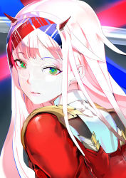 Rule 34 | 10s, 119, 1girl, bodysuit, darling in the franxx, headgear, highres, horns, long hair, looking at viewer, looking back, parted lips, pink hair, single horn, solo, upper body, zero two (darling in the franxx)