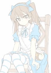 Rule 34 | 10s, 1girl, arm support, bad id, bad pixiv id, bag, blue dress, blue hairband, blue ribbon, boko (girls und panzer), brown eyes, closed mouth, dress, female focus, girls und panzer, hair ribbon, hairband, handbag, light brown hair, long hair, looking at viewer, mobu, pale color, pantyhose, puffy short sleeves, puffy sleeves, ribbon, shimada arisu, short sleeves, side ponytail, simple background, sitting, solo, striped clothes, striped pantyhose, stuffed animal, stuffed toy, teddy bear, white background, white pantyhose