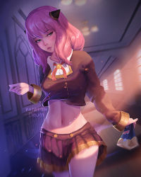 Rule 34 | 1girl, adapted costume, aged up, anya (spy x family), artist name, black jacket, black skirt, cowboy shot, deum01, dress shirt, green eyes, groin, hair ornament, highres, holding, indoors, jacket, long hair, long sleeves, looking at viewer, midriff, miniskirt, navel, neck ribbon, parted lips, pink hair, pink shirt, pleated skirt, red ribbon, ribbon, shirt, skirt, solo, spy x family, standing, stomach, watermark, white shirt