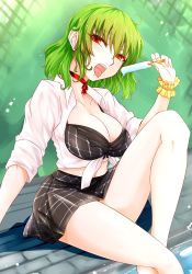 Rule 34 | 1girl, bikini, breasts, cleavage, food, green background, green hair, hair between eyes, highres, holding, holding food, itocoh, kazami yuuka, large breasts, legs, looking at viewer, melting, navel, open clothes, open mouth, open shirt, plaid, plaid skirt, poolside, popsicle, red eyes, red neckwear, revealing clothes, saliva, saliva trail, sexually suggestive, shirt, sitting, skirt, sleeves rolled up, solo, swimsuit, tagme, thighs, tied shirt, tongue, tongue out, torn clothes, touhou, water, white shirt