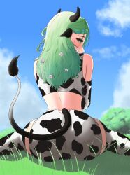Rule 34 | 1girl, animal ears, animal print, ass, back, bare shoulders, blush, ceres fauna, cow ears, cow girl, cow horns, cow print, cow tail, elbow gloves, from behind, gloves, grass, green hair, highres, holocouncil, hololive, hololive english, horns, long hair, looking at viewer, looking back, mole, mole under eye, shorts, sitting, sky, sleeveless, solo, sports bra, tail, thighhighs, thighs, tree, virtual youtuber, yafatguy, yellow eyes