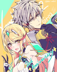 Rule 34 | 1boy, 1girl, addam origo, anniversary, bare shoulders, blonde hair, breasts, chest jewel, cleavage, cleavage cutout, clothing cutout, earrings, elbow gloves, eyes visible through hair, gloves, green background, hair between eyes, highres, jewelry, large breasts, matori (penguin batake), mythra (xenoblade), open mouth, swept bangs, tiara, upper body, v, white gloves, xenoblade chronicles (series), xenoblade chronicles 2, xenoblade chronicles 2: torna - the golden country, yellow background, yellow eyes