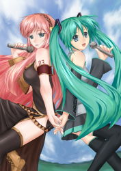Rule 34 | 2girls, back-to-back, bad id, bad pixiv id, bare shoulders, black thighhighs, blue eyes, breasts, c.z., detached sleeves, dress, green hair, hairband, hatsune miku, highres, holding hands, large breasts, long hair, megurine luka, microphone, multiple girls, pink hair, thighhighs, twintails, very long hair, vocaloid, zettai ryouiki