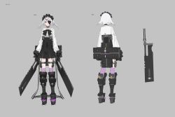Rule 34 | 1girl, arm belt, bow, bowtie, choker, cleaver, covered navel, dual wielding, eyepatch, from behind, full body, grey background, heavily armed high school girls, holding, looking at viewer, maid headdress, multiple views, neco, original, purple eyes, sheath, short hair, standing, thigh strap, thighhighs, weapon, white hair, zwei (heavily armed high school girls)