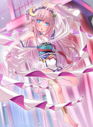 Rule 34 | 1girl, :o, anklet, barefoot, blue eyes, copyright name, crescent, crescent hair ornament, dancing, detached sleeves, dress, earrings, hair ornament, jewelry, long hair, open mouth, pink hair, sakuya tsuitachi, solo, tenka touitsu chronicle