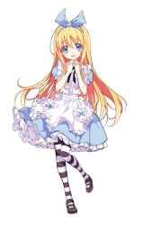 Rule 34 | 1girl, :d, alice (alice in wonderland), alice in wonderland, apron, black footwear, blonde hair, blue bow, blue eyes, blush, bow, dress, frilled apron, frills, full body, hair ribbon, hairband, heart, leg lift, lolita fashion, long hair, looking at viewer, mary janes, neck ribbon, open mouth, own hands together, pantyhose, profile, ribbon, shoes, short sleeves, simple background, sleeve cuffs, smile, solo, striped clothes, striped pantyhose, very long hair, white background, yukiwo