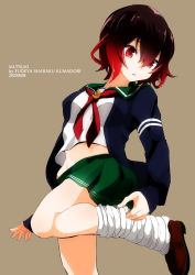 Rule 34 | 1girl, alternate legwear, artist name, bad id, bad twitter id, blue jacket, brown background, brown footwear, brown hair, character name, commentary request, cowboy shot, crescent, crescent pin, dated, gradient hair, green sailor collar, green skirt, highres, jacket, kantai collection, leg up, loafers, looking to the side, loose socks, matetsu (nakayoshi sanfujinka), multicolored hair, mutsuki (kancolle), mutsuki kai ni (kancolle), neckerchief, red hair, red neckerchief, sailor collar, school uniform, serafuku, shoes, short hair, simple background, skirt, socks, solo, standing, standing on one leg, white legwear