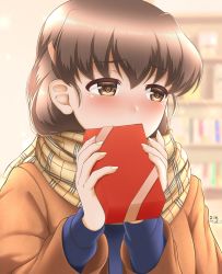 Rule 34 | 1girl, artist name, averting eyes, black ribbon, blue sweater, blurry, blurry background, blush, box, brown coat, brown hair, brown scarf, coat, commentary, covering own mouth, dated, depth of field, gift, gift box, girls und panzer, hair ornament, hair ribbon, hairclip, half-closed eyes, highres, holding, holding gift, indoors, io-catalyst, long hair, long sleeves, looking to the side, plaid, plaid skirt, ribbon, rukuriri (girls und panzer), scarf, signature, skirt, solo, sweater, valentine, winter clothes
