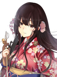 Rule 34 | 1girl, akagi (kancolle), bad id, bad twitter id, breasts, brown eyes, brown hair, flower, gloves, highres, himeyamato, holding, japanese clothes, kantai collection, long hair, looking at viewer, self-upload, single glove, smile, solo, straight hair