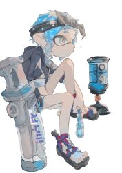 Rule 34 | 1boy, black bow, black hairband, blue hair, bottle, bow, bow hairband, commentary, decavitator (splatoon), dolphin shorts, full body, grey eyes, hairband, highres, holding, holding bottle, inkling, inkling (language), inkling boy, inkling player character, invisible chair, looking ahead, male focus, medium hair, mitamo1295701, nintendo, sandals, shorts, simple background, sitting, solo, sparkle, splatoon (series), splatoon 3, sports sandals, suction bomb (splatoon), sword, toes, weapon, white background
