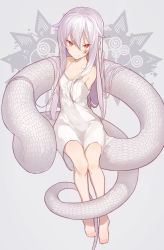 Rule 34 | 1girl, bare shoulders, barefoot, collarbone, dress, facial mark, full body, highres, hitoshi, long hair, looking at viewer, no arms, original, red eyes, simple background, snake tail, solo, tail, very long hair, white dress, white hair