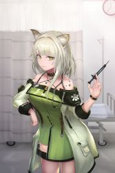 Rule 34 | 1girl, absurdres, animal ear fluff, animal ears, arknights, bare shoulders, beige jacket, breasts, cat ears, collarbone, commentary, dress, green dress, green eyes, highres, holding, holding syringe, kal&#039;tsit (arknights), large breasts, long sleeves, looking at viewer, material growth, nayamer, oripathy lesion (arknights), smile, solo, syringe