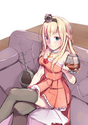Rule 34 | 10s, 1girl, alcohol, alternate costume, bad hands, black thighhighs, blonde hair, blue eyes, braid, couch, crossed legs, crown, cup, dress, drinking glass, french braid, highres, jewelry, jiao (assppp655), kantai collection, mini crown, necklace, off-shoulder dress, off shoulder, red dress, sitting, solo, thighhighs, warspite (kancolle), wine, wine glass