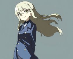 Rule 34 | 1girl, arms behind back, ascot, bad id, bad pixiv id, blonde hair, buttons, coat, double-breasted, glasses, long hair, long sleeves, military, military uniform, oekaki, perrine h. clostermann, shiratama (hockey), simple background, smile, solo, strike witches, uniform, wind, world witches series, yellow eyes