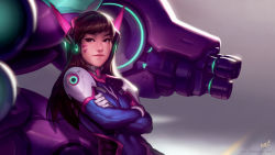 Rule 34 | 1girl, artist name, backlighting, bodysuit, breasts, brown eyes, brown hair, crossed arms, d.va (overwatch), facial mark, gloves, grey background, headphones, highres, kienan lafferty, leaning on object, light smile, lips, long hair, looking at viewer, md5 mismatch, mecha, meka (overwatch), nose, overwatch, overwatch 1, pilot suit, revision, robot, signature, small breasts, smug, solo, swept bangs, upper body, watermark, web address, whisker markings, white gloves