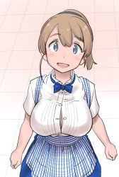 Rule 34 | 1girl, alternate costume, apron, blouse, blue bow, blue bowtie, blue eyes, bow, bowtie, breasts, brown hair, cleavage, commentary request, gingham, intrepid (kancolle), kantai collection, kobeya, kobeya uniform, large breasts, looking at viewer, open mouth, plaid, plaid apron, ponytail, shirt, short hair, short sleeves, simple background, smile, solo, tamu (mad works), unbuttoned, unbuttoned shirt, waitress, white shirt