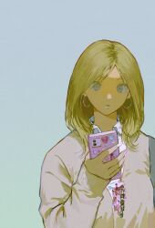 Rule 34 | 1girl, bag, blonde hair, blue background, blue eyes, brown cardigan, cardigan, cellphone, closed mouth, collared shirt, commentary, earrings, fingernails, gyaru, heart, highres, holding, holding phone, hoop earrings, jewelry, kgeroua, long fingernails, long hair, looking at viewer, original, phone, pink nails, shirt, shoulder bag, smartphone, solo, symbol-only commentary, white shirt