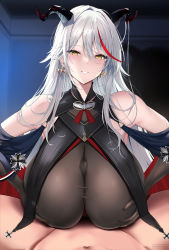 Rule 34 | 1boy, 1girl, absurdres, aegir (azur lane), azur lane, bare shoulders, between breasts, black gloves, blush, breasts, commentary request, earrings, elbow gloves, gloves, grey hair, hair between eyes, highres, horns, jewelry, large breasts, long hair, looking at viewer, multicolored hair, navel, paizuri, paizuri under clothes, parted lips, pov, red hair, smile, solo focus, streaked hair, takaharu, yellow eyes