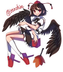 Rule 34 | 1girl, :d, bird wings, black hair, black wings, commentary, full body, geta, hat, hauchiwa, highres, holding, holding notepad, holding pen, looking at viewer, notepad, one-hour drawing challenge, open mouth, pen, red eyes, red footwear, red hat, renshirenji, shameimaru aya, short hair, simple background, smile, socks, solo, tengu-geta, tokin hat, touhou, twitter username, white background, white socks, wings