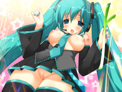 Rule 34 | 1girl, aqua eyes, aqua hair, blush, breasts, breasts out, censored, emily (pure dream), from below, hatsune miku, long hair, nipples, no panties, open clothes, open mouth, open shirt, pussy, shirt, skirt, solo, thighhighs, twintails, upskirt, very long hair, vocaloid, yamaha