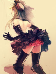 Rule 34 | 1girl, ass, bare back, bare shoulders, black skirt, black thighhighs, blonde hair, dress, elbow gloves, frilled skirt, frills, from behind, gloves, hashimoto hato, headgear, kneeling, long hair, original, red skirt, simple background, skirt, solo, thighhighs, yellow background, zettai ryouiki