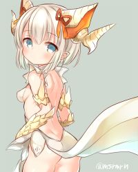 Rule 34 | 1girl, ass, backless dress, backless outfit, bad id, bad pixiv id, blonde hair, blue eyes, dragon girl, dragon horns, dress, hair ribbon, horns, mashiro miru, myr (p&amp;d), no panties, puzzle &amp; dragons, ribbon, solo, standing